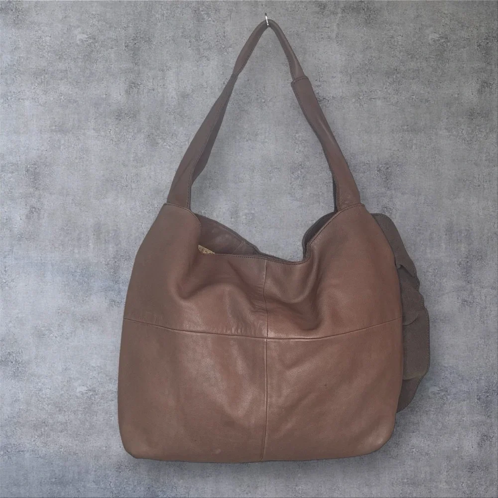 Anthropologie Miss‎ Albright Leather Hobo Shoulder Bag Ruffle Detail Mauve Brown